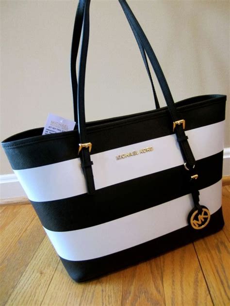 michael kors striped bag black and white|Michael Kors black shoulder handbags.